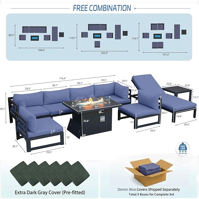 NICESOUL 9 Pcs Large Contemporary Aluminum Outdoor Furniture Set with Chaise Lounge & Fire Pit Table, 29" Deep Wide Couch Set, 500 lbs Heavy Duty Comfy Patio Sectional Sofa for Poolside, Denim Blue