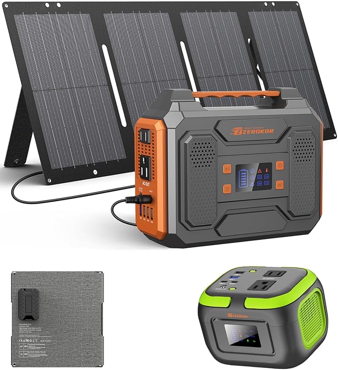 300W Portable Solar Generator Power Station with Foldable Solar Panel 60W, 120W Solar Power Bank with AC Outlet 110V for Camping Smart Devices RV Van Home Use Outdoor Adventure with Solar Charger