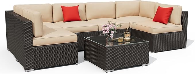 7 Pieces Outdoor Patio Furniture Set, Black Brown Wicker Patio Sectional Sofa Set, Outdoor Couch with Cushion and Tempered Glass Table, Brown