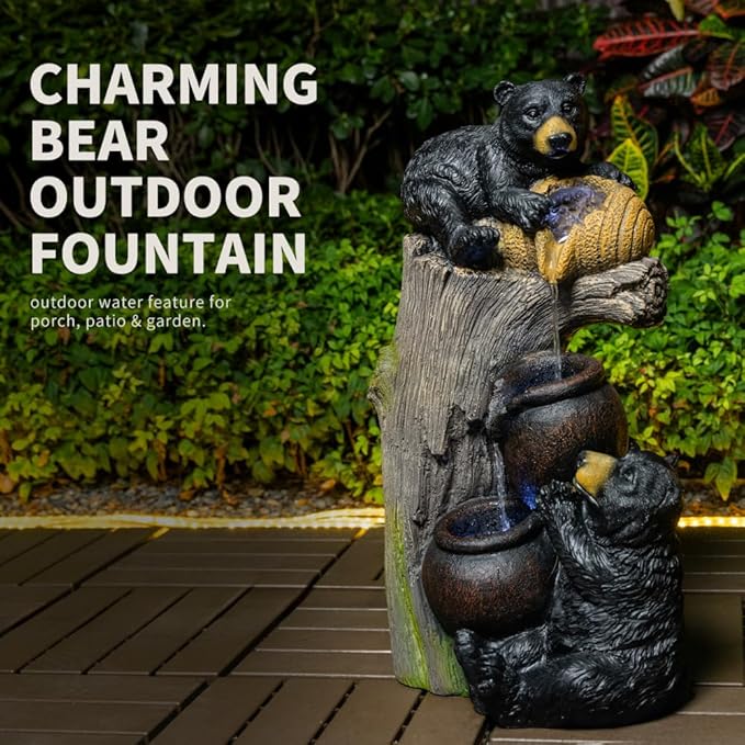 23.6'' Outdoor Waterfall Fountain with LED Lights - Bear Garden Decor for Patio, Yard, Balcony - Weather-Resistant Resin, Soothing Water Feature