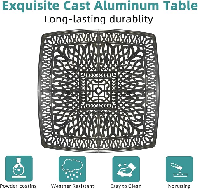 MEETWARM 9-Piece Outdoor Furniture Dining Set for 8, All Weather Cast Aluminum Patio Dining Set- Large 64" Square Table and 8 Chairs, Patio Table and Chairs Set for Garden, Umbrella Hole, Dark Bronze