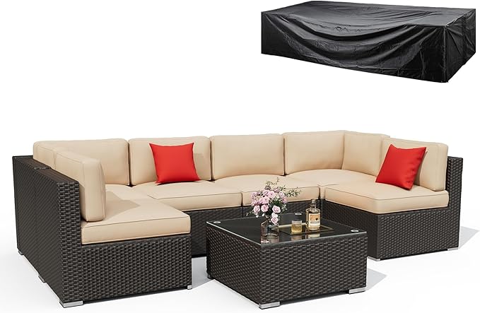 8 Pieces Outdoor Patio Furniture Set with Waterproof Cover, Black Brown Wicker Patio Sectional Sofa Set, Outdoor Couch with Cushion and Tempered Glass Table, Beige