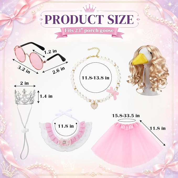 6 Pcs Princess Porch Goose Outfit for 23" | Includes Crown Wig Sunglasses Necklace Bib Tutu Skirt Princess Goose Clothes for Outdoor Garden Lawn Art Decor