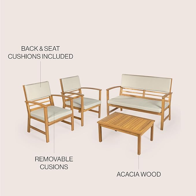 JONATHAN Y LVG1000A-4SET Barclay 4-Piece Modern Coastal Acacia Wood Conversation Outdoor Patio Set with Cushions Transitional, Classic, Traditional, Vintage, Mid-Century, Light Gray/Teak Brown