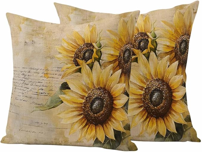 Retro Sunflower Outdoor Waterproof Throw Pillow Covers Set of 2, 24"x24", Pastoral Floral Painting Newspaper Background Decorative Pillow Covers Outside Cushion Case for Patio Porch Garden