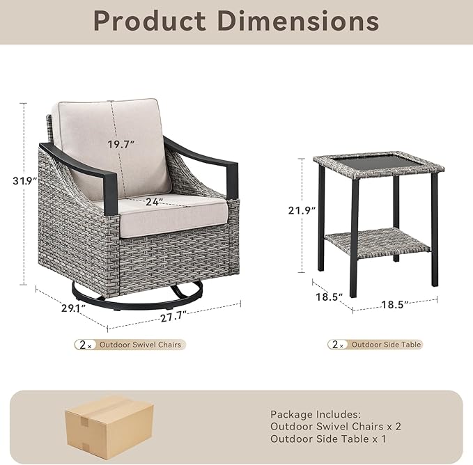 3 Pieces Wicker Patio Furniture Set-High Back Swivel Patio Chairs Set of 2 with Rattan Side Table, PE Wicker Outdoor Patio Furniture Sets with Covered Cushions for Porch Deck Garden Grey/Beige