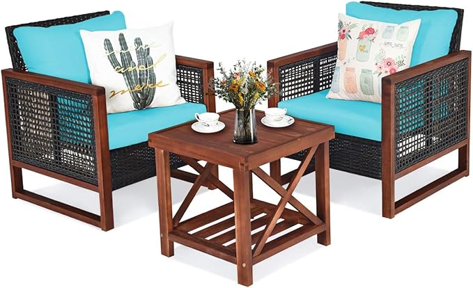 Tangkula 3 Pieces Patio Wicker Furniture Set, Rattan Outdoor Sofa Set w/Washable Cushion & Acacia Wood Coffee Table, Conversation Bistro Set for Garden Balcony Backyard (Turquoise)