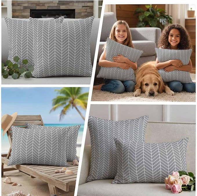 Outdoor Waterproof Throw Pillow Covers Set of 2 Grey Chevron Stripes Pillowcases 24x24 Inches Modern Geometric Texture Decorative Pillows Cushion Case Patio Pillows for Couch Bed Chair Garden