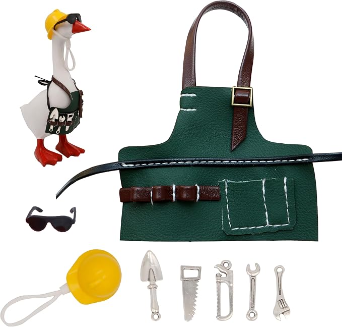 Desktop Goose Outfits 7 Inch Gardener Home Repair Set, Mini Tools Hat Apron Clothes, Desk Porch Goose Decor
