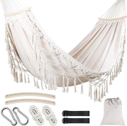 Portable Double Hammock, Hanging Hammock with Tassels and Fishtail Knitting, 550LB Capacity, 320GSM Hanging Bed with Set Full Accessories for Outdoor Camping Patio Balcony Beige