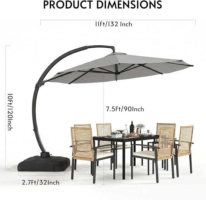 11FT Cantilever Patio Umbrella with Base Included, Large Cantilever umbrella with 360°Rotation, Heavy-Duty Offset Outdoor Umbrella for Patio,Pool,Garden and Backyard (Gray)