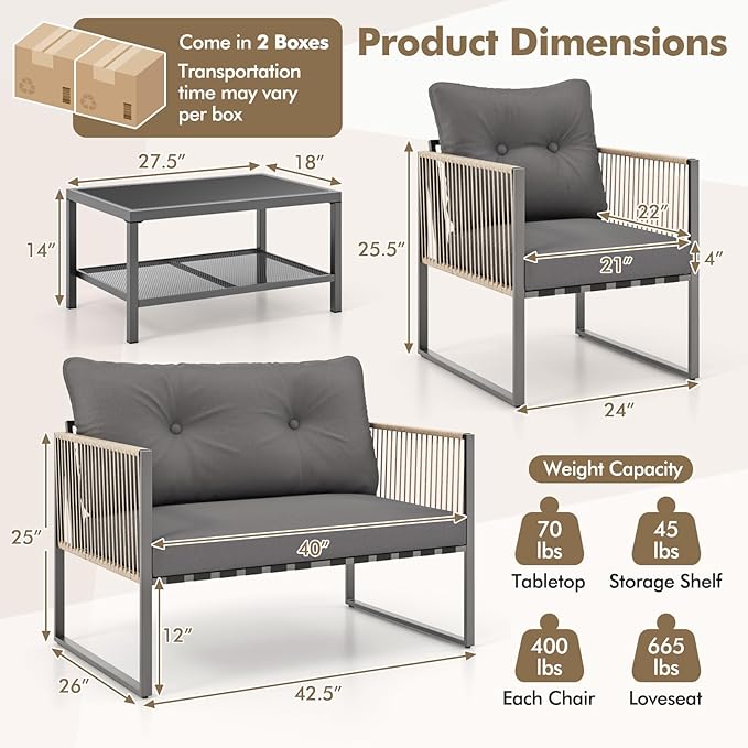 Tangkula 4 Pieces Patio Furniture Set, Outdoor PE Rattan Conversation Sofa Set with Thick Cushions and 2-Tier Tempered Glass Coffee Table for Garden, Porch, Balcony and Backyard (Grey,1)