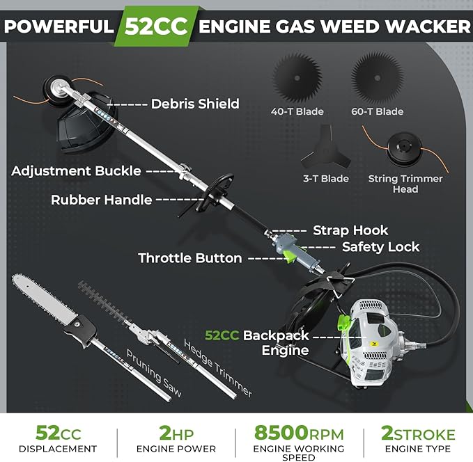 6-IN-1 Multi-Functional Weed Wacker Gas Powered, 52CC 2-Stroke Backpack Gas Powered Weed Eater String Trimmer, Pole Saw, Hedge Trimmer, Brush Cutter Blade, Safety Lock&Shoulder Strap for Lawn Trimming