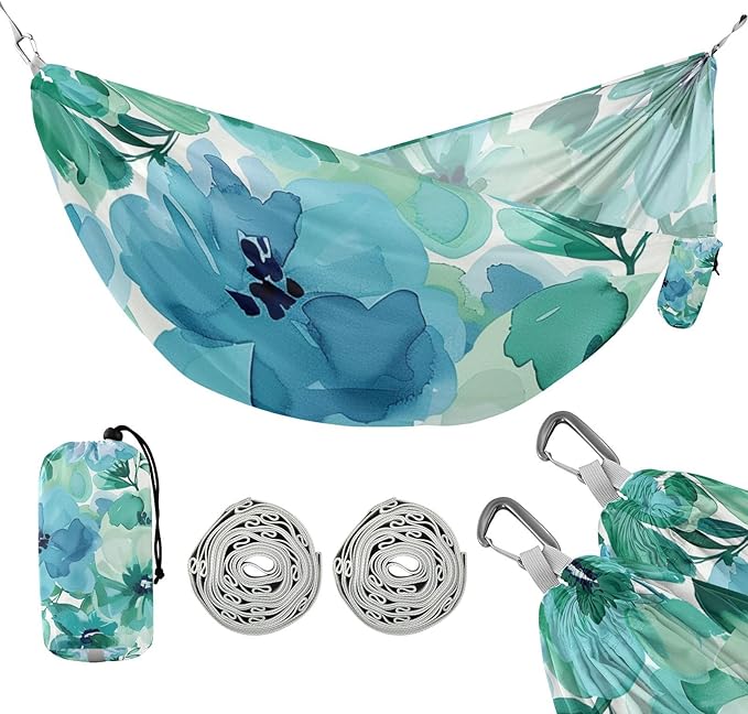 Mint Green and Blue Flowers 330lb Capacity Hammocks for Camping with Hanging Rope Backyard Hammock for Camping Travel Accessories hamacas para adultos con soporte