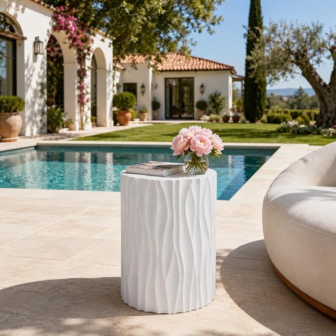 Merax 15.75” Outdoor Round Side Table, Wavy Fluted MGO Accent Table with 240 lbs Capacity, All-Weather Patio Furniture for Garden, Balcony, White