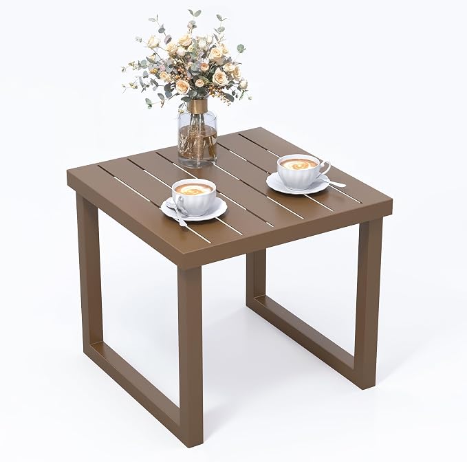20" Aluminum Outdoor Side Table with Tapered Legs, Square Patio End Table with Geometric Slatted Top, All-Weather Coffee Table for Garden, Deck and Porch, Brown