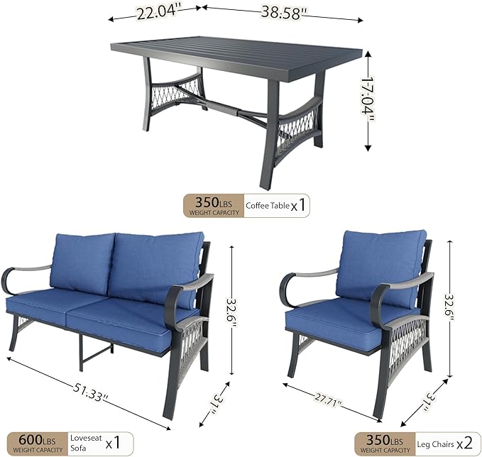 4 Pieces Patio Furniture Set, Metal Outdoor Conversation Sets with Coffee Table, Modern Couch Sofa Set Includes Single Chairs and Loveseat Seating Group (Thick Blue Cushions)