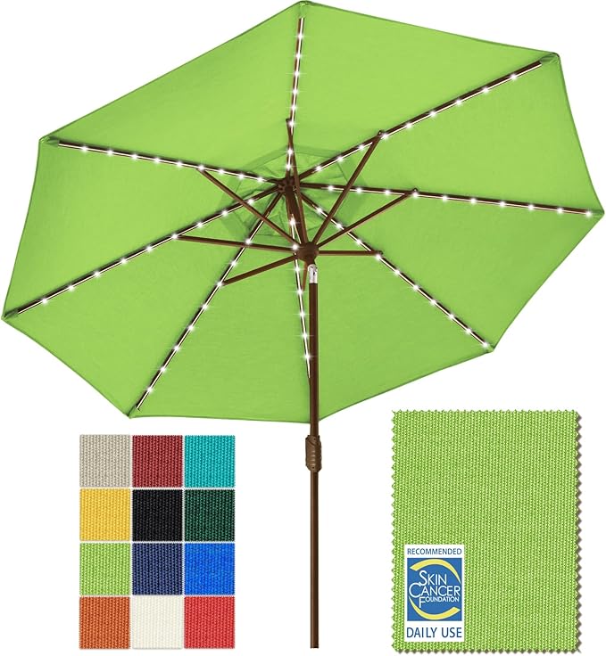 EliteShade USA 10-Year-Non-Fading 9ft Market Patio Umbrella, Commercial Grade Table Sun Umbrella with 80 Solar LED Lights, Crank Open, Windproof & UPF 50+ UV Protection for Garden, Deck, Pool, Backyard, Macaw Green
