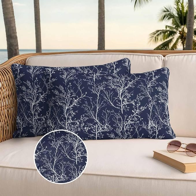 Navy Blue Branches Waterproof Outdoor Pillow Covers Set of 2 Home Decor, Abstract Art Leaves Plant Lumbar Pillowcase Patio Pillow Covers for Couch Bench Patio Furniture Garden 20x12in