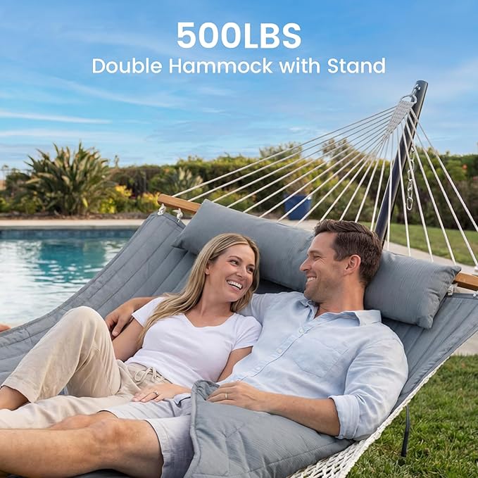 Double Hammock with Stand – Portable Cotton Rope Hammock with Removable Quilted Pad & Pillow, Adjustable Steel Frame for Patio, Backyard, Garden, Park, Camping & Outdoor Relaxation – Gray