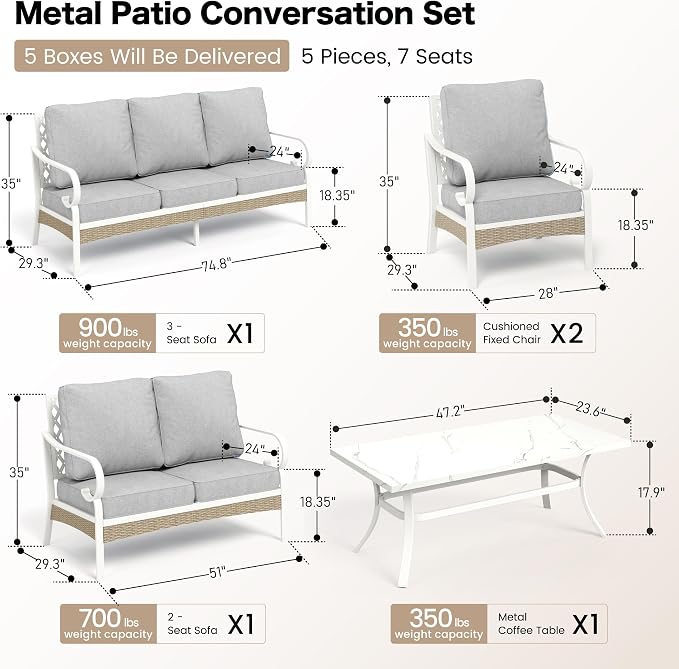 SUNSHINE VALLEY 6 Piece Metal Outdoor Patio Furniture Set, Patio Conversation Set with 1 3-Seater Couch, 2 Fixed Sofa with 5.75" Thick Cushion and Coffee Table, White and Gray Backyard Furniture