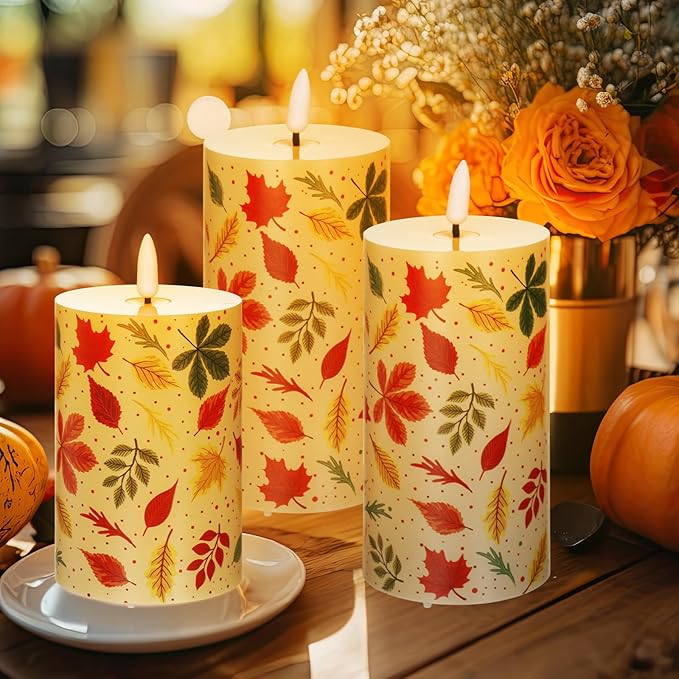 Tuanse 3 Pcs Thanksgiving Fall Flameless Candles Maple Leaf LED Candle Lights Battery Operated Candles Mixed Size Flickering LED Light for Fall Thanksgiving Halloween Harvest(Colorful Maple Leaves)