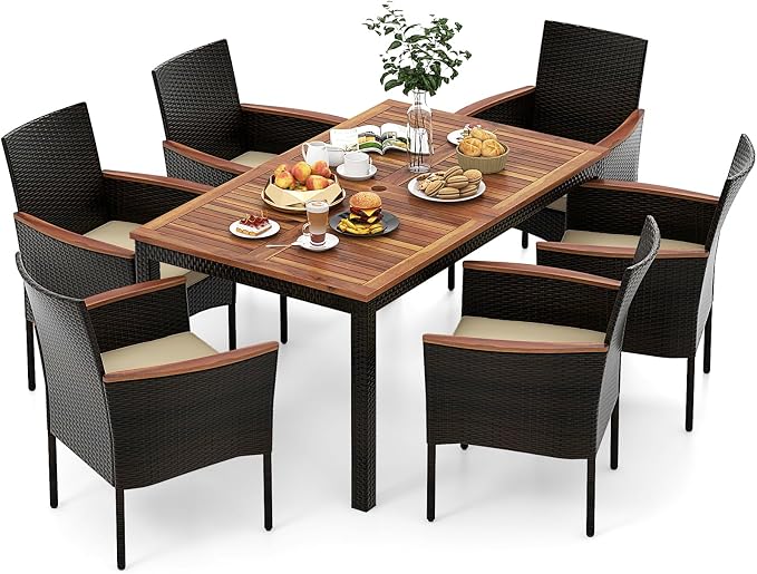 S AFSTAR 7 Piece Patio Dining Set, PE Rattan Outdoor Dining Furniture Set for 6 with Stackable Chairs & Acacia Wood Table, 1.96'' Umbrella Hole, Outdoor Table and Chairs for Backyard, Deck, Garden