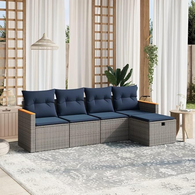vidaXL Patio Sofa Set with Cushions 5 Piece, Outdoor Conversation Set, Sectional Sofa for Balcony Garden, Modern Style, Gray Poly Rattan