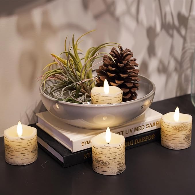 Rhytsing 2" White Birch Bark Flameless Votive Candles with Timer, Real Wax Led Faux Battery Operated Tealight Candles for Christmas and Weddings - Set of 4