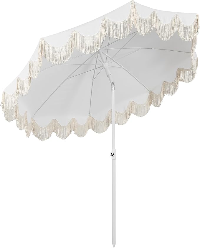 JONATHAN Y Mariner 6.5 ft. Beach Umbrella, Solid White with Fringe, Push-Button Tilt, UPF 50+ Sun Protection and Carrying Bag for Patio and Pool, White Pole UMB1005A