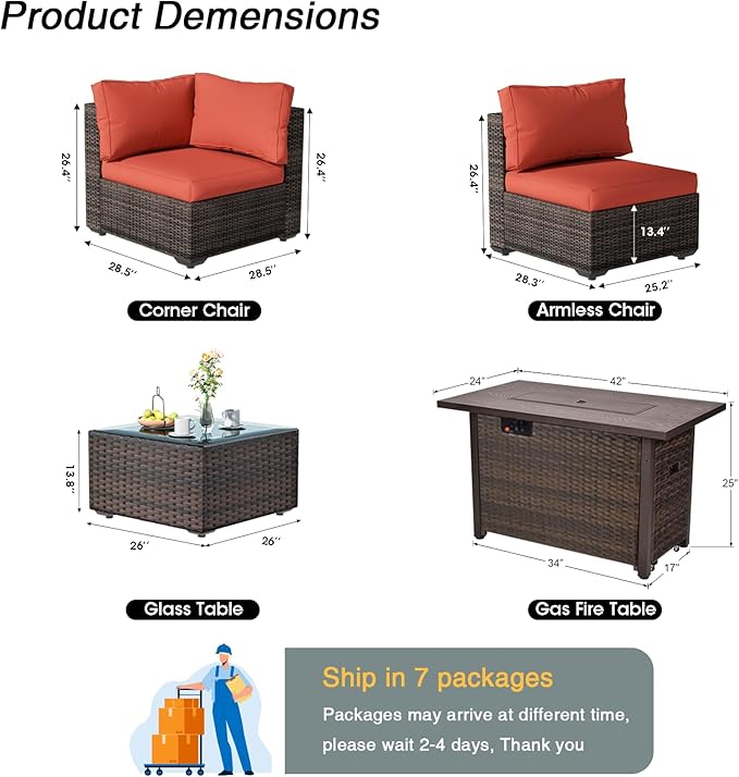 15 Piece Patio Furniture Set with Fire Pit Table, Outdoor Sectional Sofa PE Rattan, Patio Conversation Sets with Cushions for Garden Lawn Balcony Porch Deck Red