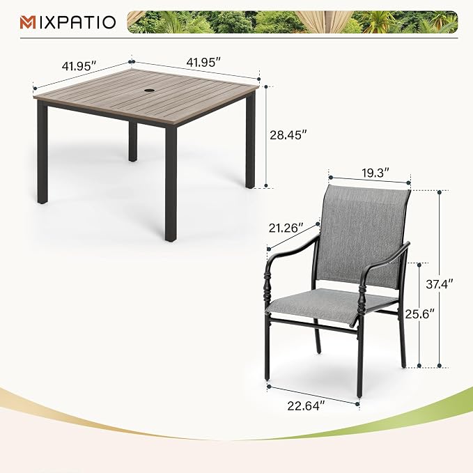 MIXPATIO 5 Piece Patio Dining Set, 4 x Textilene Dining Chairs, 42" Square Outdoor Dining Table with 1.57" Umbrella Hole, for Garden Lawn Porch and Backyard Poolside, Grey