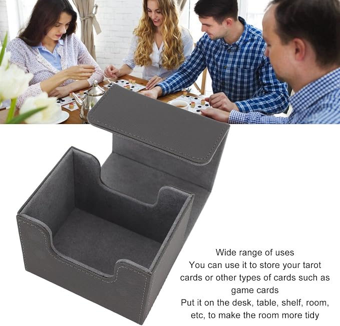 PU Leather Card Deck Box with Magnetic Flap Lid, Large Capacity Card Storage Box/Cover for Tarot Cards and Game Cards, Protective Deck Holds 100, Black (Gray)