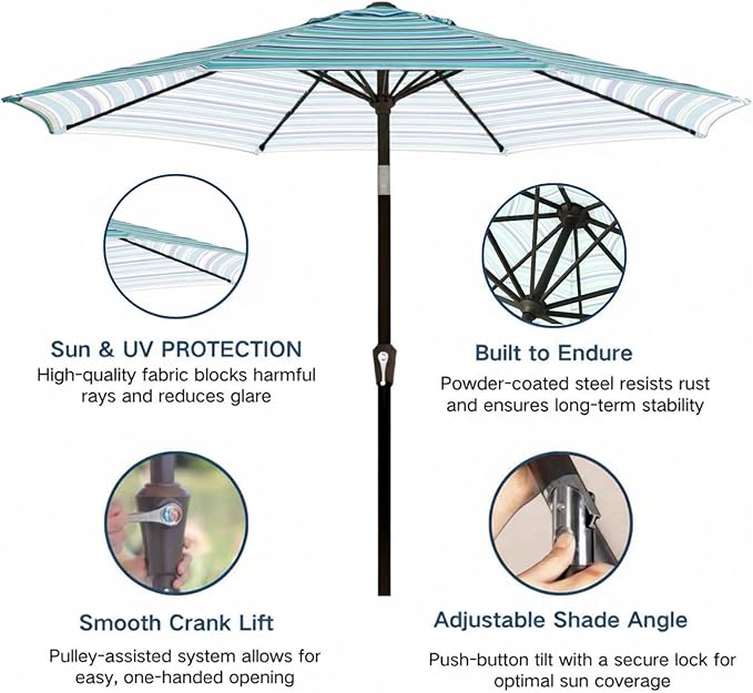 9' Solar LED Patio Umbrella with Tilt & Crank|8 Sturdy Ribs,UV Protection,Outdoor Market Table Umbrella for Deck,Lawn,Pool,Backyard (Blue Green Stripes)