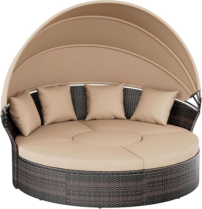 Patio Round Daybed with Canopy, Outdoor Wicker Rattan Sectional Sofa Set with Cushions, Patio Conversation Set for Backyard, Porch, Pool (Brown)