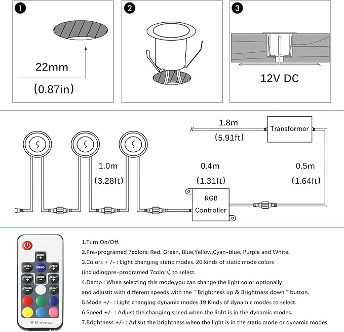 LED Outdoor Deck Lights with Photocell, Φ1.18in RGB 10 Pack Black, Low Voltage 12V IP67 Waterproof, Multi Color Changing Remote Dimmable, Electric Wired Recessed Stair Step Landscape Lighting