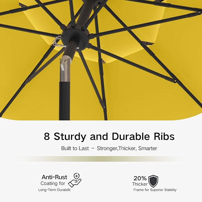 Kingdura 10ft 3-Tier Patio Umbrella, Outdoor Table Umbrella with Easy Crank & Tilt, 8 Reinforced Ribs, UV Protection for Deck, Pool, Market, Backyard (Yellow)