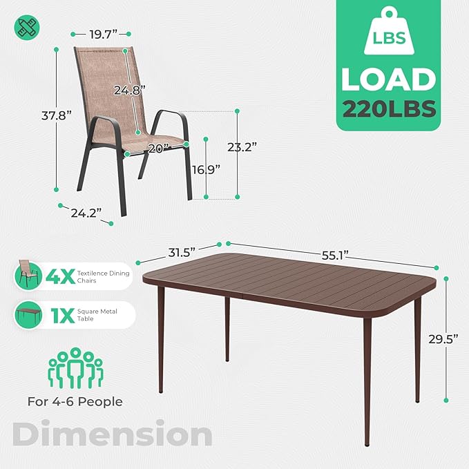 JEAREY 5-Piece Patio Dining Set, Outdoor Table and 4 Chairs, All-Weather Furniture for Lawn, Garden, Backyard, Poolside, Coffee