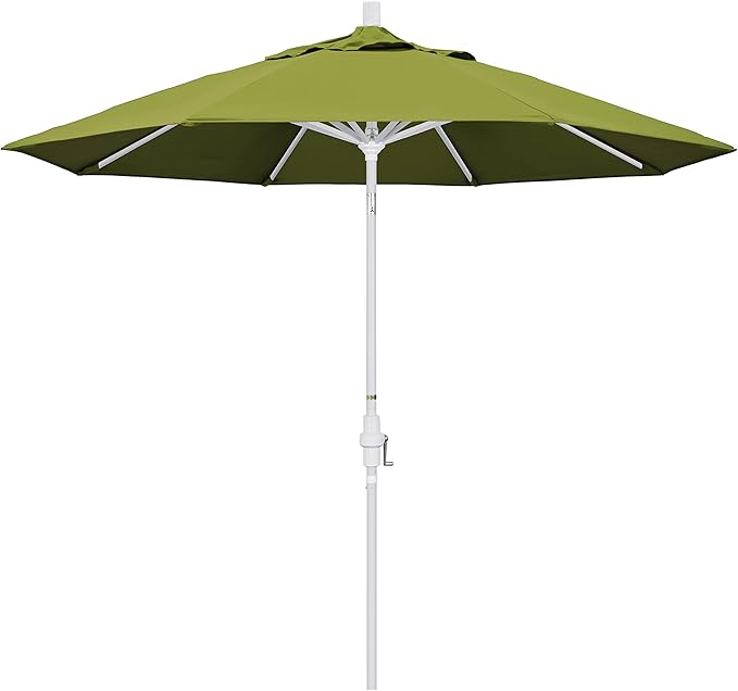 California Umbrella 9' Round Aluminum Market Umbrella, Crank Lift, Collar Tilt, White Pole, Kiwi Olefin