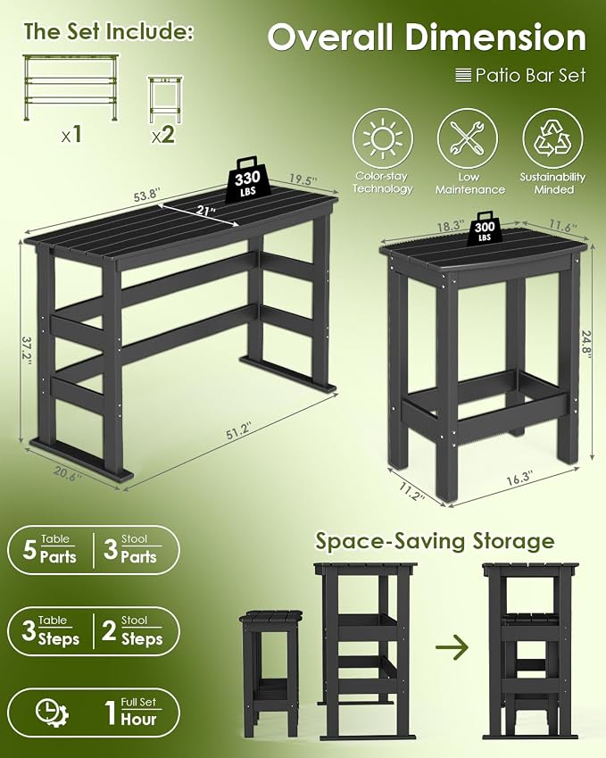 GREENVINES Outdoor-Bar-Set | HDPE Plastic | 3-Piece | 37″ Counter Height Patio Table & 2 Backless Stools | Rectangle | High Top | All Weather | for Backyard Balcony Poolside | Black