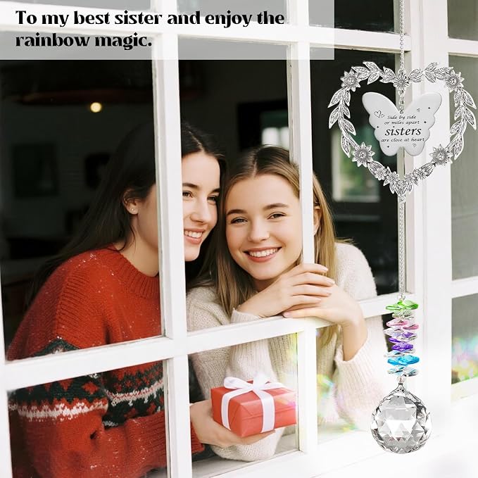 Suncatcher Gift for Sister Birthday, Best Sister Ever Crystal Ornament | Heart-shaped Gift for Big Sister, Unique Long Distance Gifts for Sister Adult, Indoor Window Decoration Sun Catcher