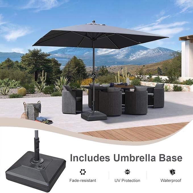 PURPLE LEAF 10' x 10' Square Patio Market Umbrella with Base Outdoor Table Umbrellas Aluminum Frame Sun Shade with 8 Sturdy Ribs for Garden Deck Lawn Pool Gray