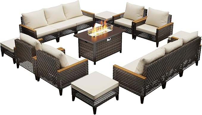 15 Piece Patio Sectional Sofa Set with 50000 BTU Fire Pit Table, All-Weather Wicker Rattan Outdoor Conversation Set, High Back, for Garden, Porch, Poolside, Beige