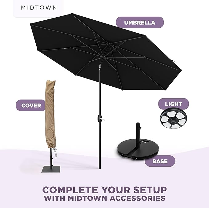 Midtown Umbrellas - 10-Year-No-Fade 8 Ft Patio Umbrella with Terylast Fabric, Auto-Tilt Aluminum Frame and 8 Reinforced Ribs for Deck, Pool, Garden & Beach - Ebony Black Canopy, Black Pole