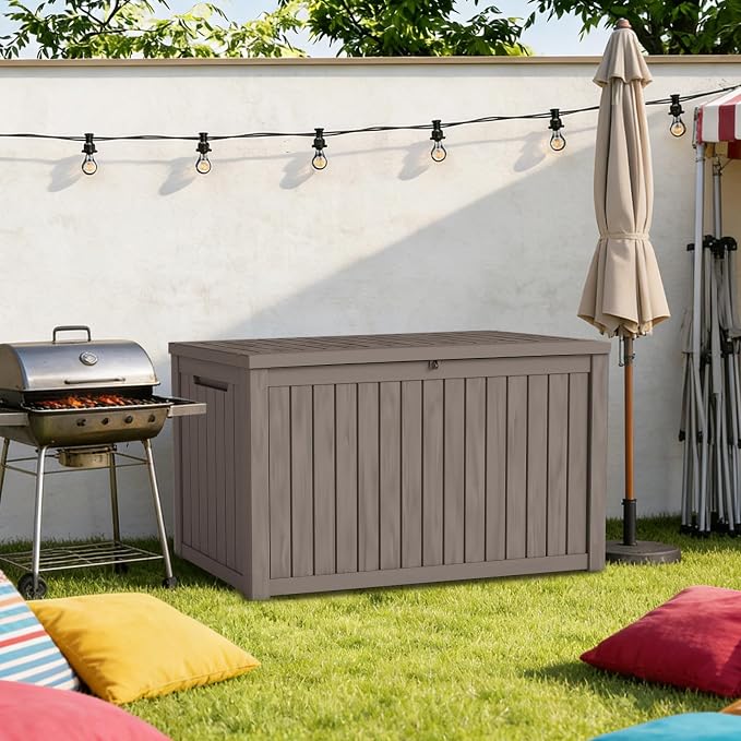 180 Gallon Outdoor Deck Boxes, IP68 Waterproof Outdoor Storage Box with Hydraulic Lid Support, Outside Resin Container for Furniture, Toy, Shoe, Garden & Patio Tools Storage -Brown