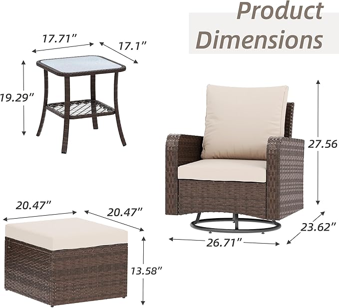 HOMREST 5 Piece Outdoor Patio Furniture Set-Wicker Swivel Chairs Set of 2 with 2 Ottoman, Coffee Table & Cushions Small Patio Furniture Set for Garden, Balcony (Khaki)