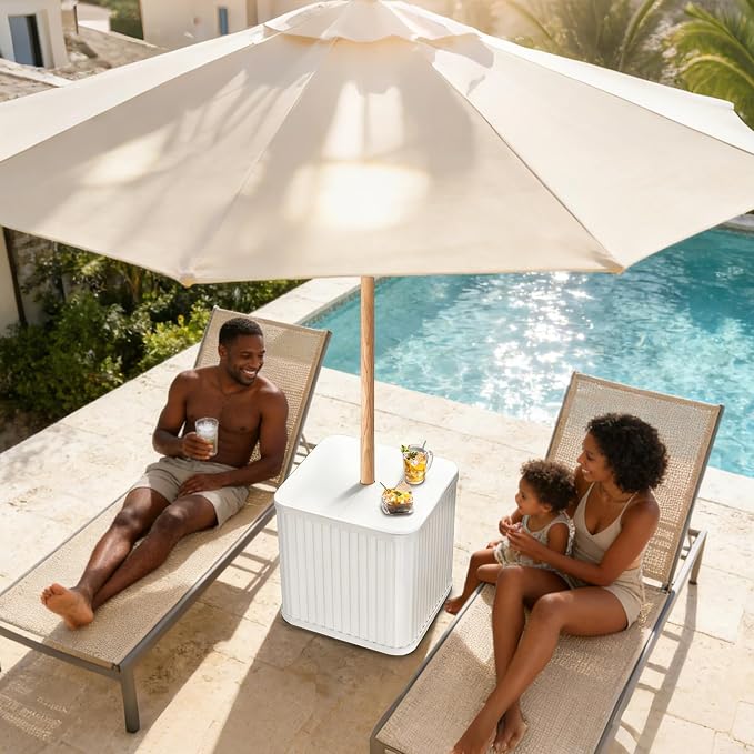 Umbrella Side Table Outdoor Patio Table with Umbrella Hole, Heavy Duty Plastic Poolside Table Holds 132 lbs with Water Filled Base, Fits ≤1.5”Umbrella Pole for Poolside & Backyard, White