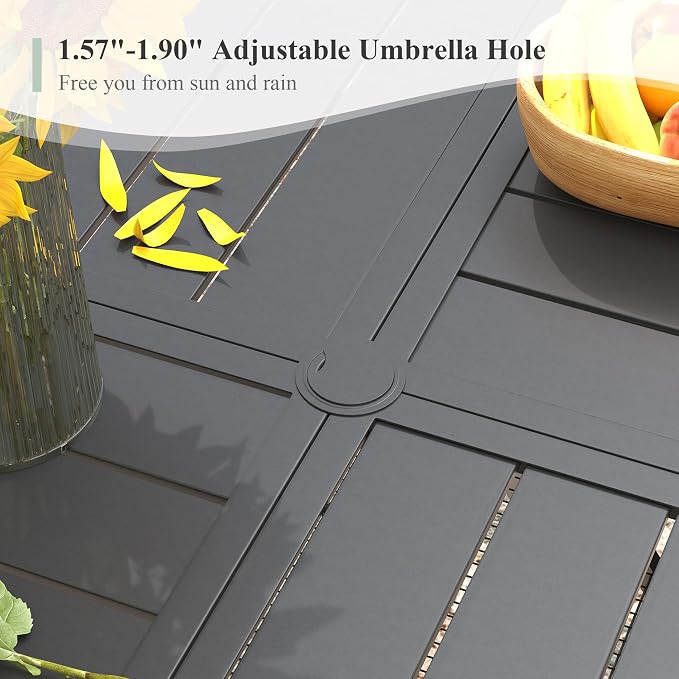 Outdoor Dining Set for 8, 63.1" Metal Round Outdoor Dining Table with Umbrella Hole and Sling Patio Swivel Chairs, 9 Pieces Patio Table and Chairs Set for Garden, Mixed Brown and Black