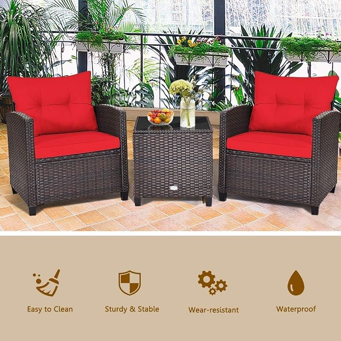 HOMGX 3 Pieces PE Rattan Wicker Patio Sofa Chairs, Outdoor Furniture Conversation Sets with Washable Cushion & Glass Table, Rattan Sofa Set for Balcony, Porch, Yard, Backyard, Lawn, (Red)