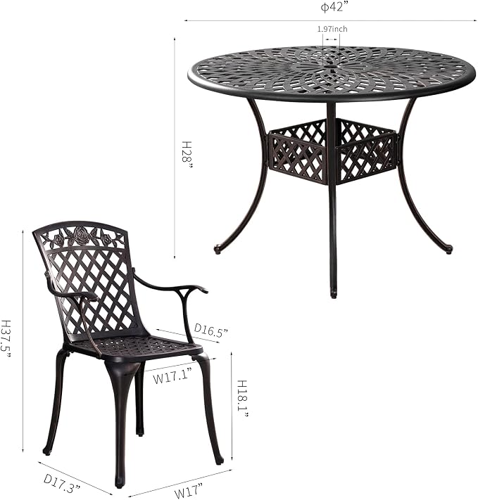 42" Round Patio Table and Chair Set of 4 Cast Aluminum Patio Table with 1.97" Umbrella Hole,All Weather 5 Piece Patio Dining Set Outdoor Patio Bistro Set for Garden,Patio(Bronze)
